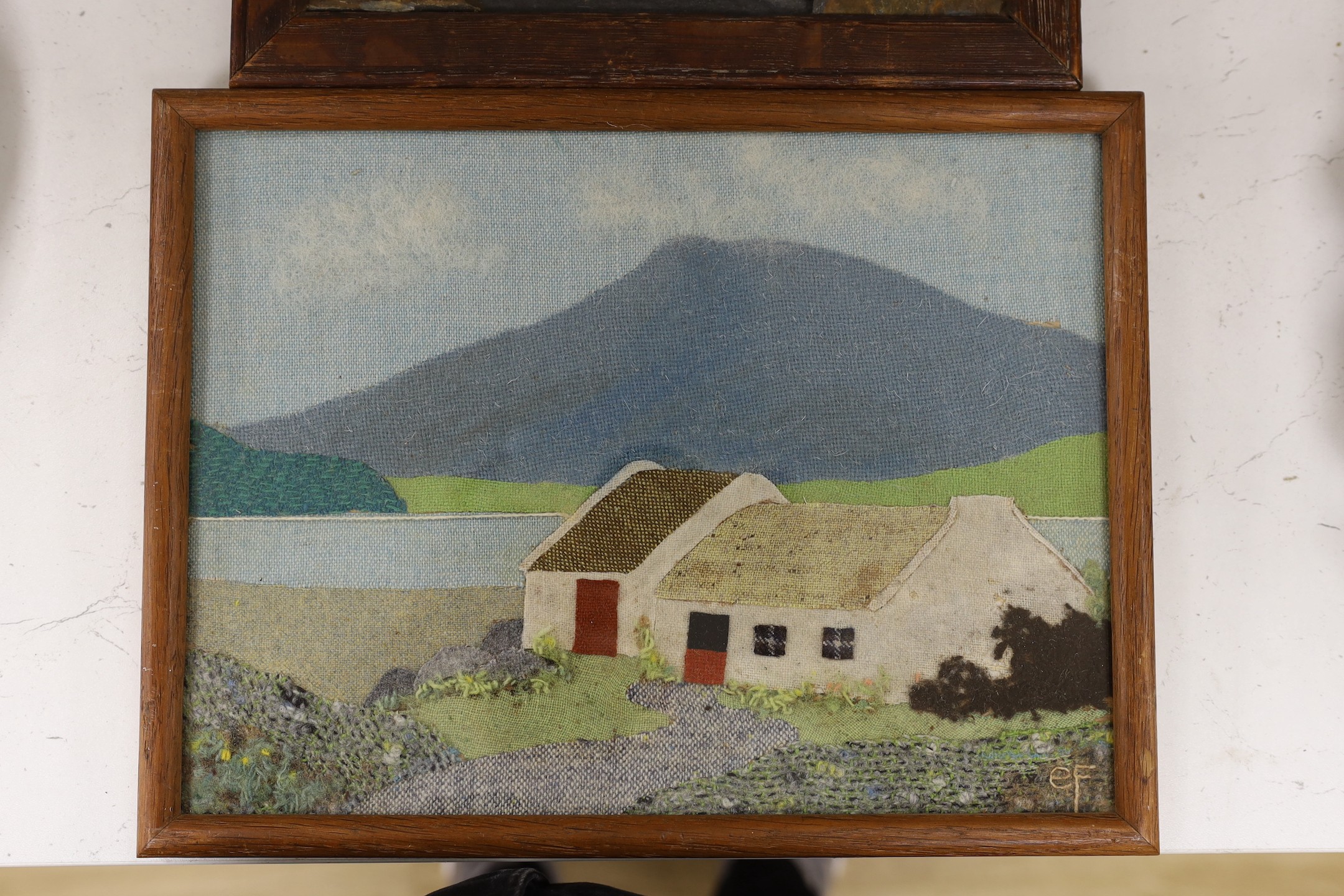 Ede Fitzpatrick. Irish Tweed picture, Connemara cottages, initialled and labelled verso, 22 x 30cm, with a Welsh slate picture, Y Carn and Llyn Ogwen, 16 x 23cm
